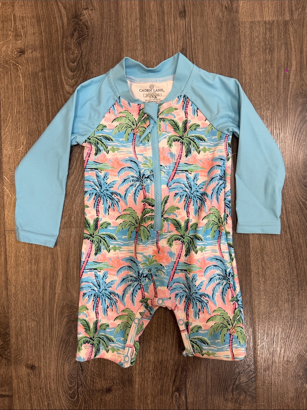 Caden Lane Light Blue & Tropical Palm Zip-Front Rashguard One-Piece